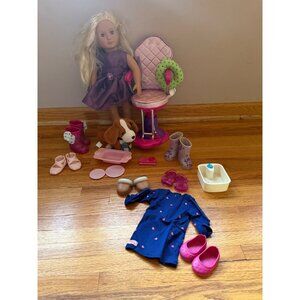 Our Generation 18" Doll Blonde Hair Purple Dress Salon Chair Set Basset Hound Pe